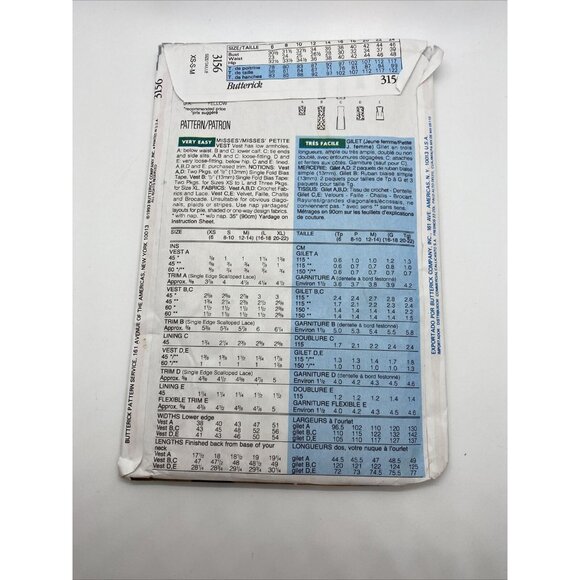 Butterick Misses' Vests in Multiple Lengths - Size XS S M 3156 Uncut FF Vintage - Picture 2 of 2